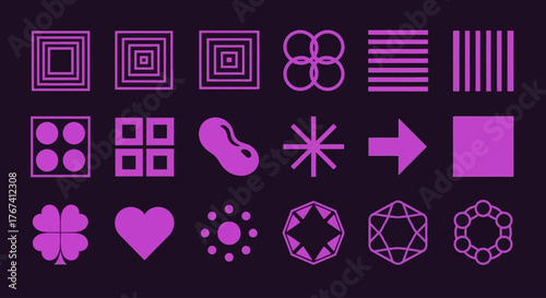 Futuristic set of glowing purple geometric shapes and abstract icons, a modern toolkit for digital design and UI elements