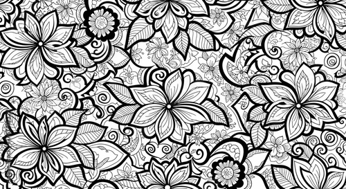Intricate Seamless Floral Pattern with Stylized Flowers and Leaves for Adult Coloring Book Design