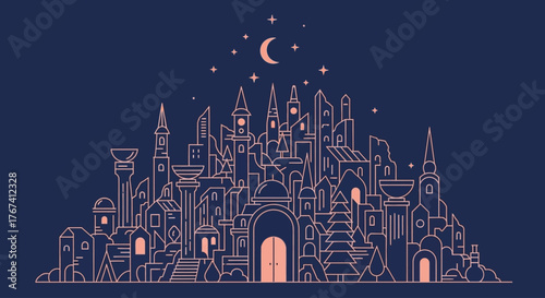 Elegant line art illustration of a mystical fantasy city glowing under the crescent moon and starry night sky