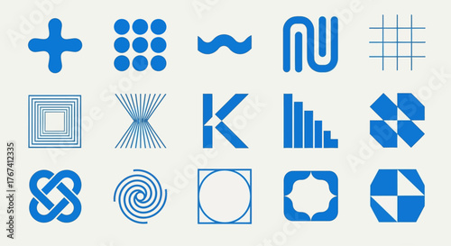 A diverse collection of modern abstract geometric shapes and symbols. Bold minimalist icons and brutalist design elements for contemporary branding and logo creation