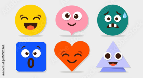 Colorful set of cute geometric shape characters with funny faces expressing a range of emotions like joy, surprise, and worry