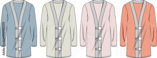 Four-color options for a V-neck button-up cardigan with an asymmetrical closure detail