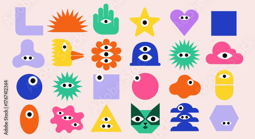 A vibrant and surreal collection of abstract geometric shapes and funny characters with eyes, perfect for modern graphic design