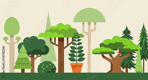 Stylized forest landscape with a variety of different tree shapes and sizes. A modern flat vector graphic for nature and conservation themes
