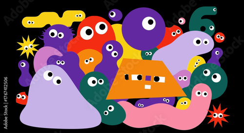 A whimsical digital illustration of a diverse crowd of colorful, abstract monsters and quirky geometric shapes with cartoon eyes