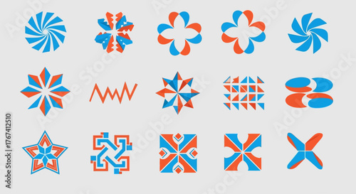 Set of modern abstract geometric logo elements and creative symbols. A vibrant collection of digital shapes in blue and orange