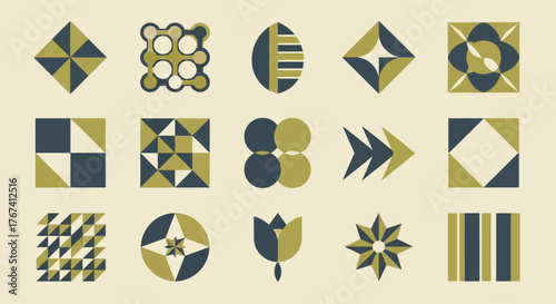 A versatile set of abstract geometric icons and minimalist shapes. This collection features retro patterns and modern design elements in a vintage color scheme