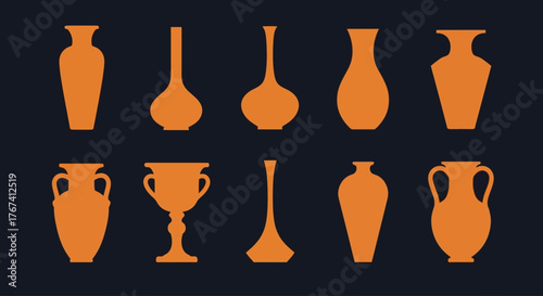A diverse collection of ancient Greek and Roman pottery silhouettes, showcasing classic terracotta vase, amphora, and urn shapes in a minimalist vector icon set for design