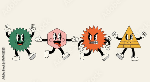 Dynamic collection of groovy geometric mascot characters running together in a classic vintage cartoon animation style