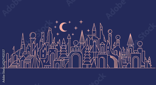 Futuristic and whimsical urban landscape illustration with glowing copper lines depicting a fantasy city at midnight