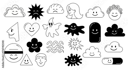 A versatile collection of minimalist comic faces, surreal cartoon mascots, and abstract graphic elements in a bold vector style