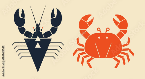 Abstract geometric lobster and simple cartoon crab icons, a minimalist duo of marine crustaceans in vector format