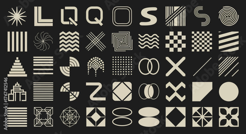 Bold collection of abstract geometric shapes, brutalist symbols, and retro futuristic patterns for modern graphic design