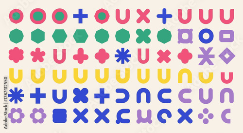 Creative collection of minimalist abstract geometric shapes and symbols in a modern color palette, a versatile set for graphic design projects