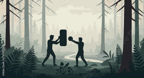 Boxing in the Forest Silhouette of Two Men Practicing Combat Techniques in a Natural Setting