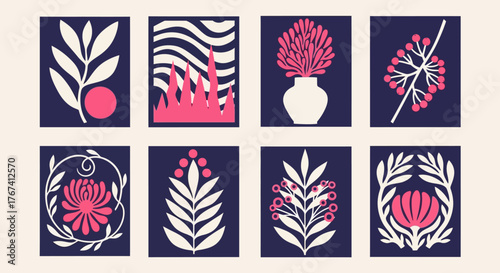 A curated collection of modern abstract botanical art prints, showcasing minimalist floral and leaf designs in a bold pink and indigo color palette