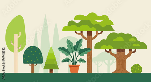 A stylized digital illustration of a diverse green forest with various trees and a central potted plant, representing ecology and natural growth
