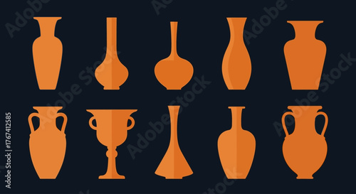 Various shapes of ancient clay pottery and modern decorative vases. A collection of orange ceramic jar silhouettes on a dark background