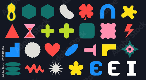 A vibrant collection of abstract geometric shapes and minimalist symbols. Diverse graphic elements for contemporary design and creative projects
