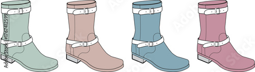 A stylish collection of four women's ankle boots, showcasing a chic buckle and strap design in various soft pastel colors, ideal for casual fashion and seasonal everyday wear