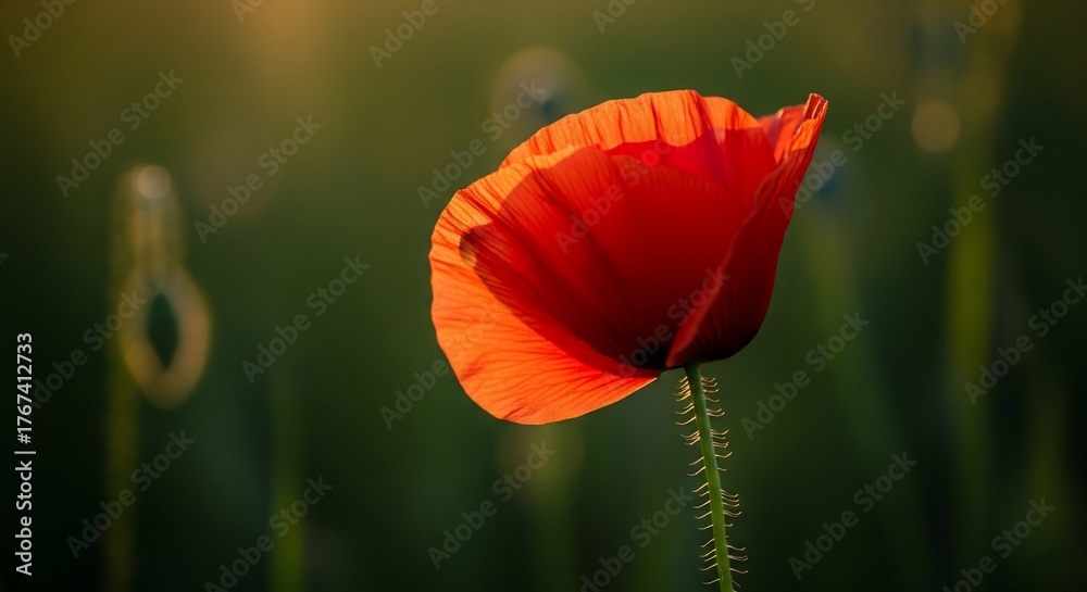 Obraz premium Stunning red poppy in golden light evokes peaceful summer meadow vibes and adds a touch of vibrant elegance to any creative project with its delicate beauty