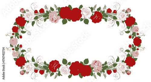 Romantic Oval Frame Adorned with Red and Pink Roses and Green Leaves on Isolated White Background