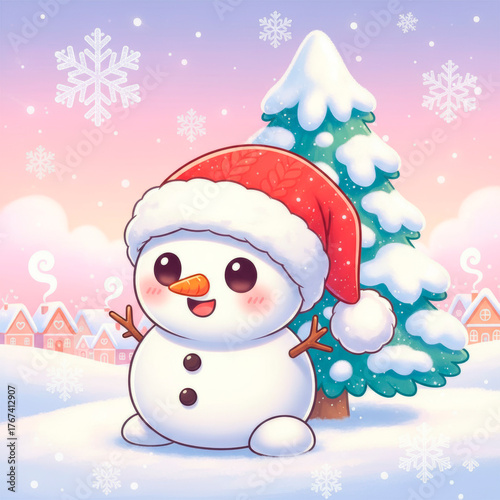 Cute cartoon snowman wearing Santa hat, cheerful winter scene, festive atmosphere, snow-covered landscape