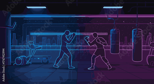 A futuristic boxing gym scene with two glowing neon fighters sparring, an abstract vector illustration of fitness and combat sport