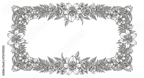Intricate Ornate Rectangular Floral Frame with Roses and Ferns, Vintage Detailed Botanical Border on Isolated White Background