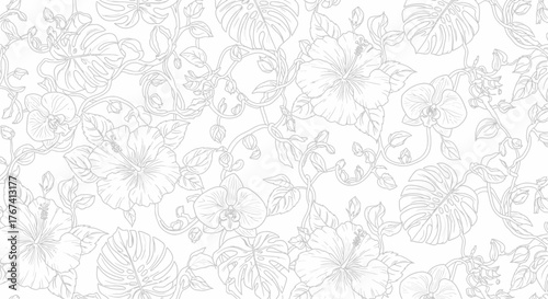 Subtle Seamless Tropical Floral Pattern with Hibiscus, Orchid, and Monstera Leaves, Elegant Botanical Background on White
