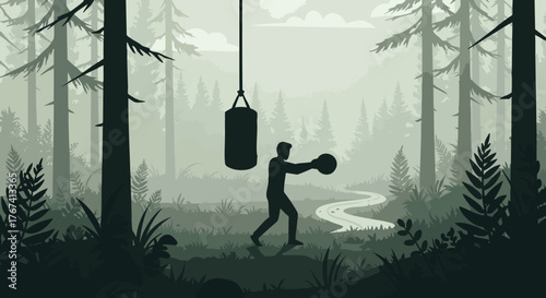 Misty Forest Boxing Training A Silhouette of a Dedicated Boxer Hitting a Punching Bag Amidst Tall Trees and a Flowing River, Capturing Focus and Outdoor Fitness