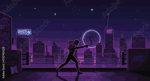 Vibrant cyberpunk pixel art illustration depicting a powerful silhouette commanding a glowing light object on a futuristic city rooftop. A stunning urban night scene with neon lights and a starlit sky