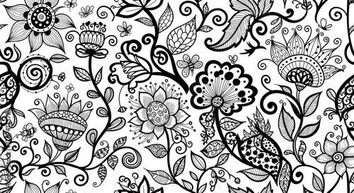 Elegant Black and White Seamless Floral Pattern with Ornate Tendrils and Stylized Flowers