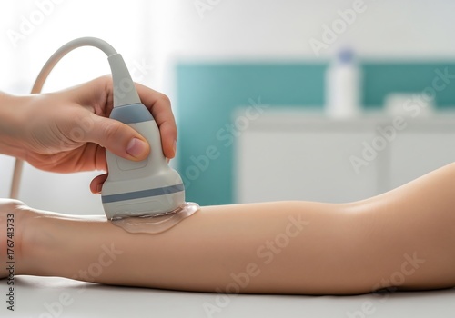 Ultrasound Procedure on Arm Medical Facility Health Care Clinical Environment Close-up View Diagnostic Imaging