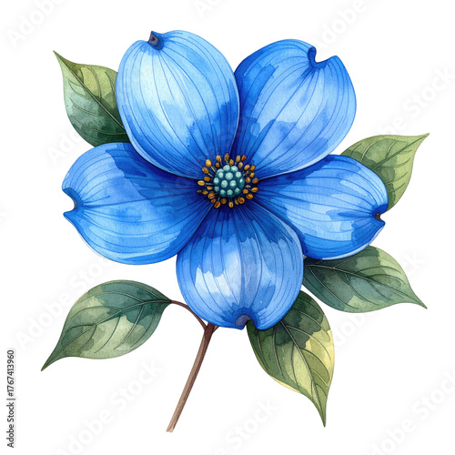 Watercolor image of a blue flower with green leaves on a black background