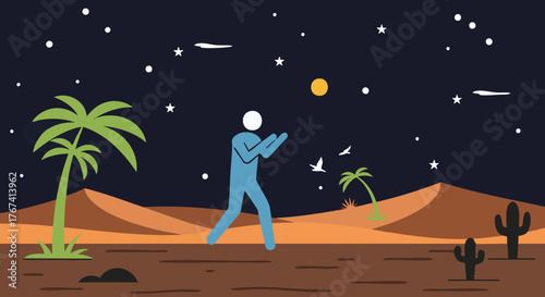 A person in a blue suit juggles beneath a starry night sky over a desert landscape with cacti and palm trees