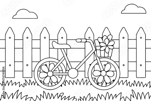 Black and white illustration of a bicycle with a flower basket in front of a picket fence and grass bike