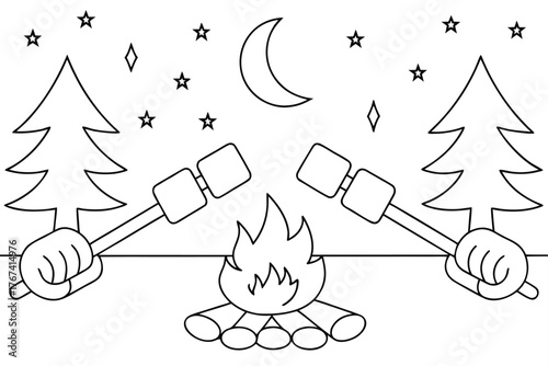 Black and white illustration of a campfire with marshmallows on sticks under a crescent moon and stars