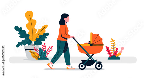 Happy young mother pushing her baby in a comfortable stroller, taking a peaceful walk outdoors. Flat vector illustration of modern parenting and family life