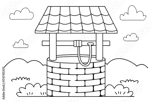 Brick Wishing Well with Roof and Bucket Outline Drawing water rope