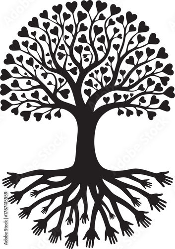 Love Tree with Hand Roots Silhouette Vector Design: Abstract Symbolism for Growth and Connection