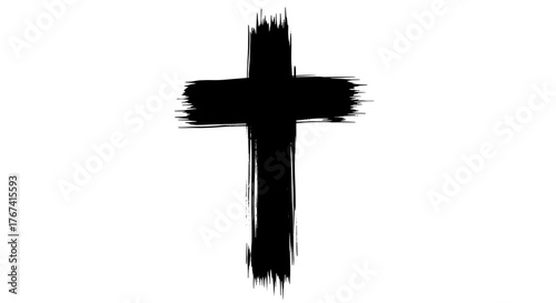 A grunge-style black brushstroke cross symbol on a plain white background, minimalist abstract graphic