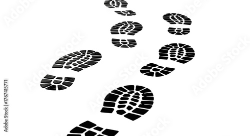 A series of black boot footprints on a plain white background, creating a path receding upwards