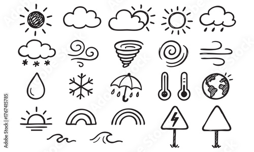 Set of weather web icons in line style. Weather , clouds, sunny day, moon, snowflakes, wind, sun day. Vector illustration.
