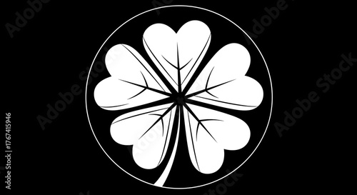 A stylized white four-leaf clover graphic inside a thin white circle on a solid black background