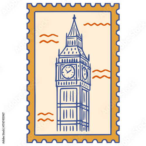 Big Ben London postage stamp line art vector icon