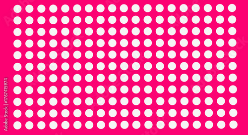 A vibrant fuchsia pink background featuring a perfectly aligned, repeating grid of numerous small white circles