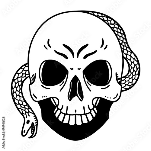 Intricate line art of a skull with a snake slithering through the eye sockets, cross-hatching and stippling details, on a dark background