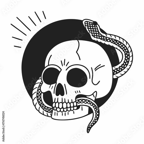 Intricate line art of a skull with a snake slithering through the eye sockets, cross-hatching and stippling details, on a dark background