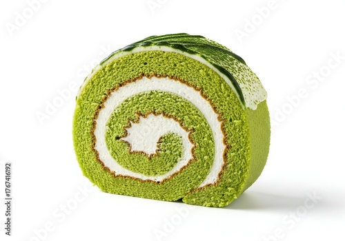 Delicious matcha swiss roll cake swirl with cream filling isolated on white